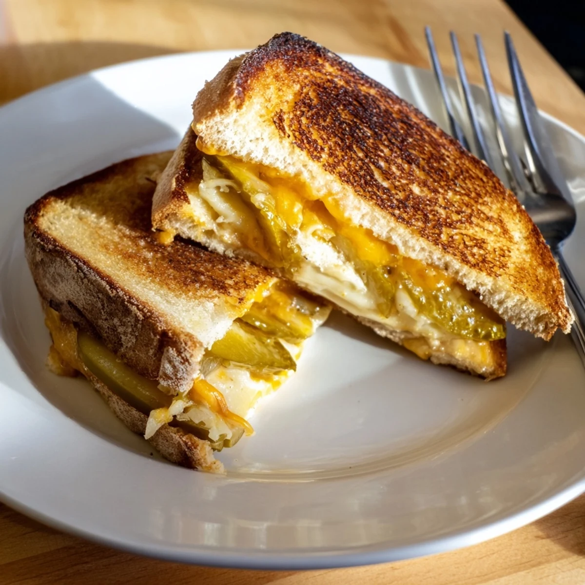 A close-up of a perfectly grilled Gooey Pickle Grilled Cheese Sandwich, with visible pickle slices oozing cheese.