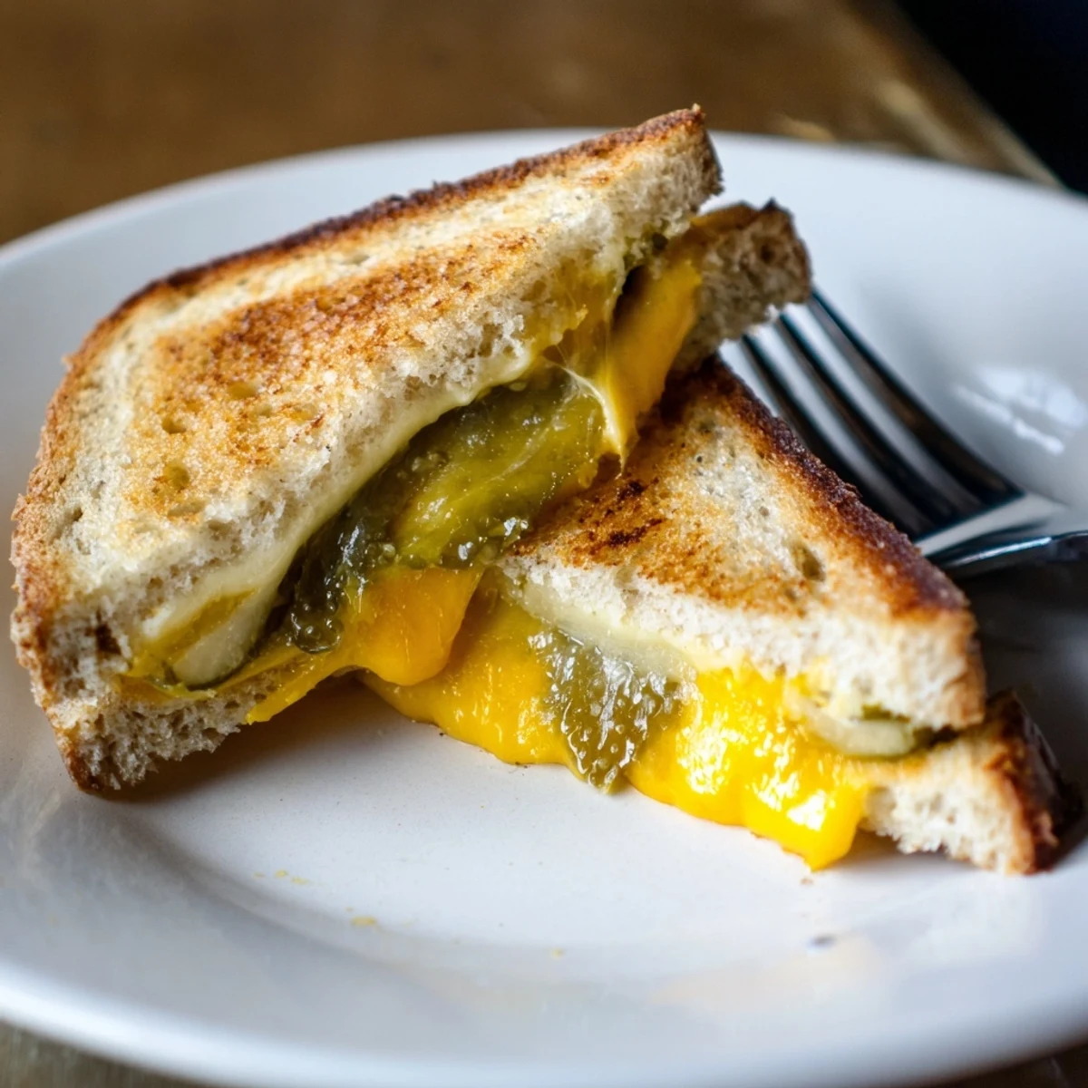 The savory Gooey Pickle Grilled Cheese Sandwich, sliced open, revealing bubbling cheese and tangy pickle filling.