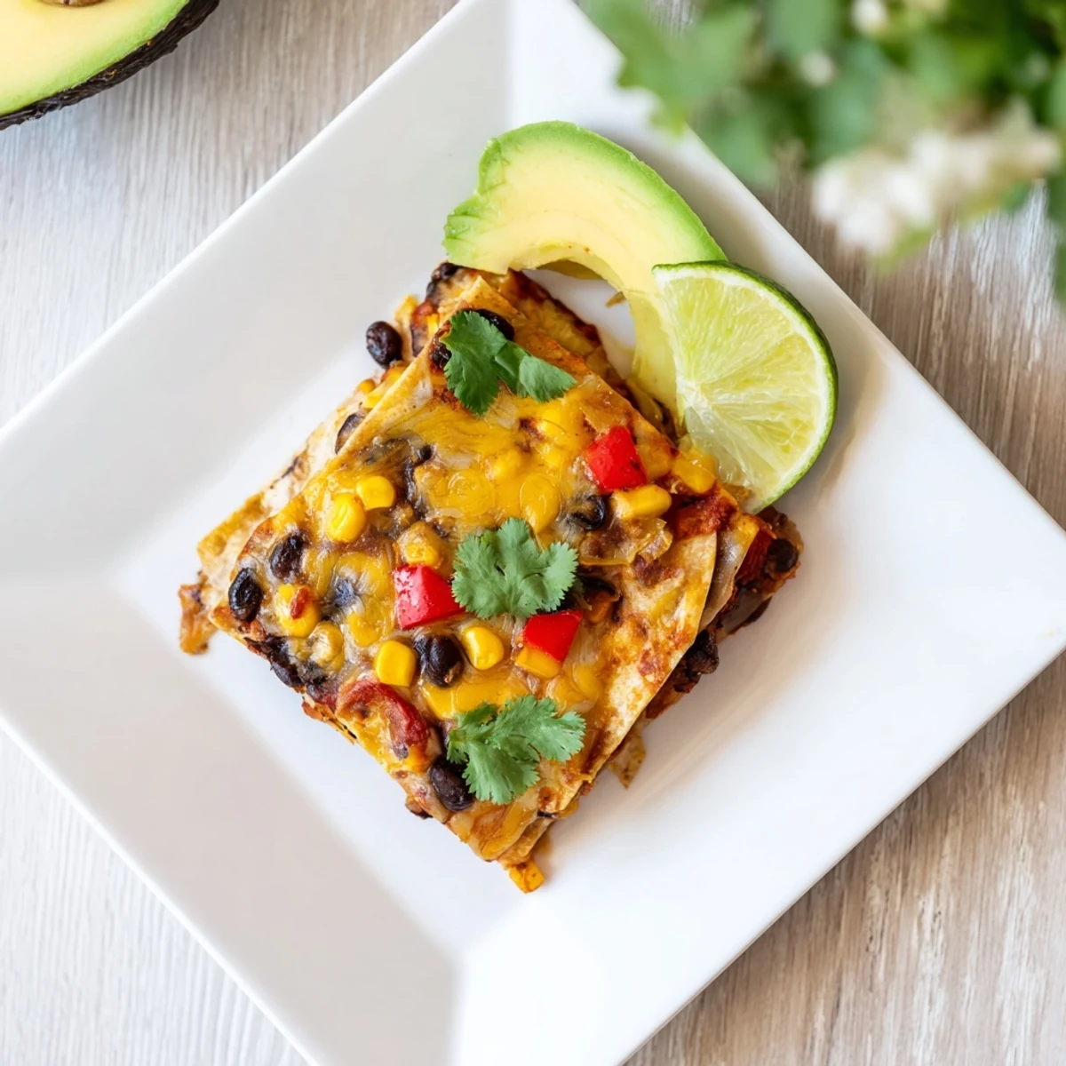 Golden-brown crust on a flavorful Quick Black Bean and Corn Tortilla Casserole, a delicious vegetarian meal.
