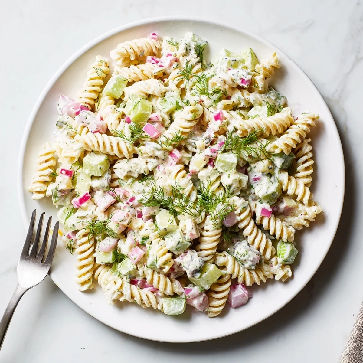 A bowl of vibrant dill pickle pasta salad showcasing fresh herbs and chilled pasta.