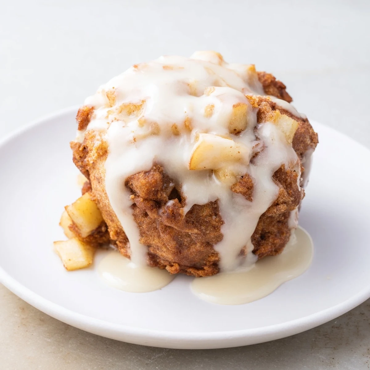 Warm and glazed homemade apple fritters, stacked and ready to serve, a classic American dessert.