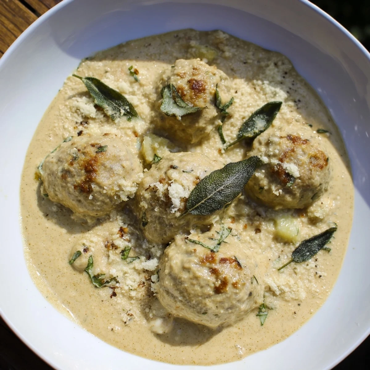 Golden-brown turkey meatballs swimming in a creamy, pumpkin-sage sauce, a warm autumn delight.