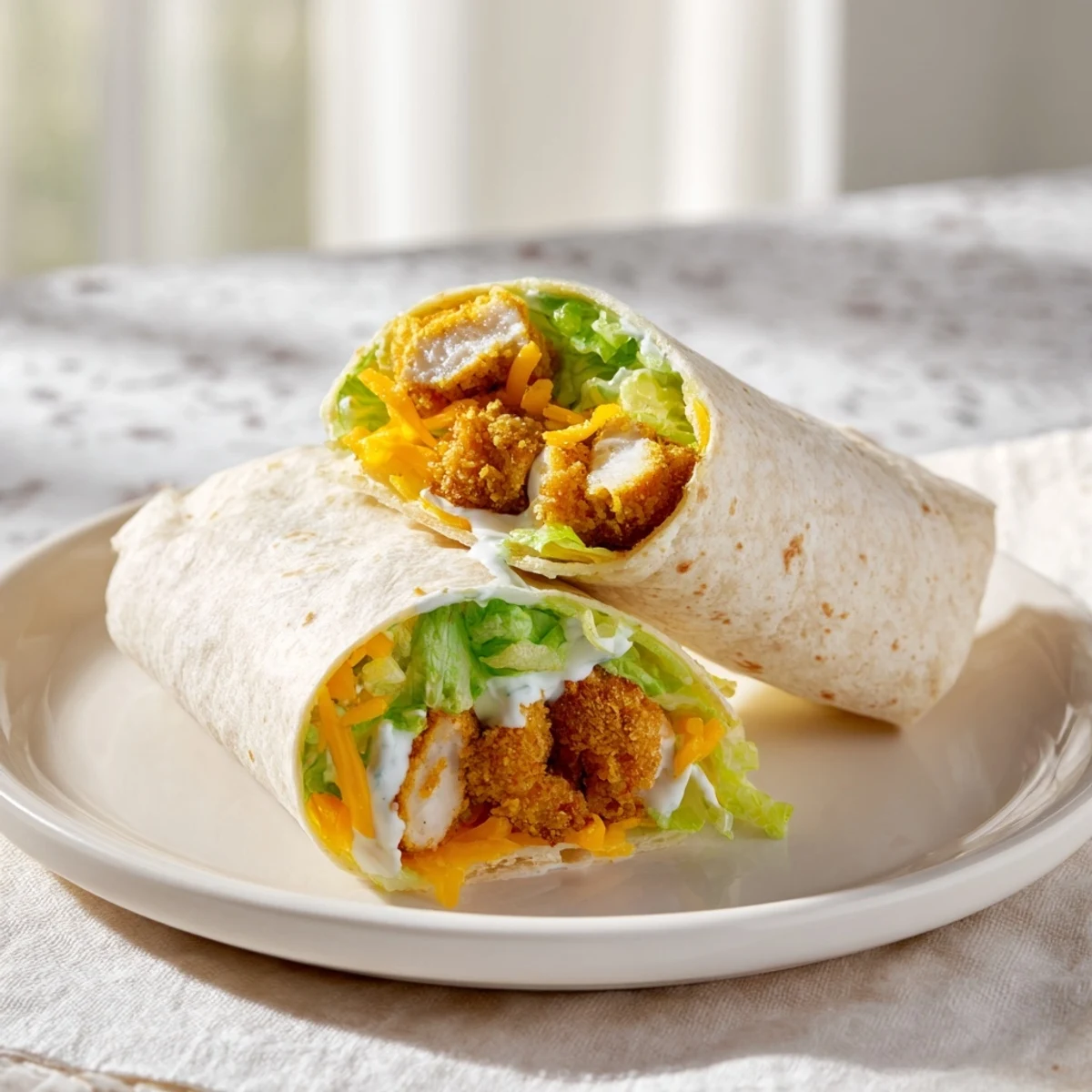 Close-up of a delicious, easy Crispy Chicken Ranch Snack Wrap with cheddar cheese and creamy ranch.