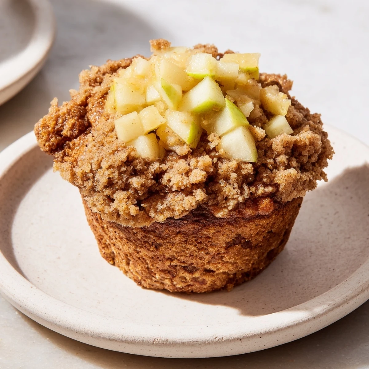 Fluffy, golden-brown tasty apple muffins with a generous, sweet crumb topping, ready to eat.