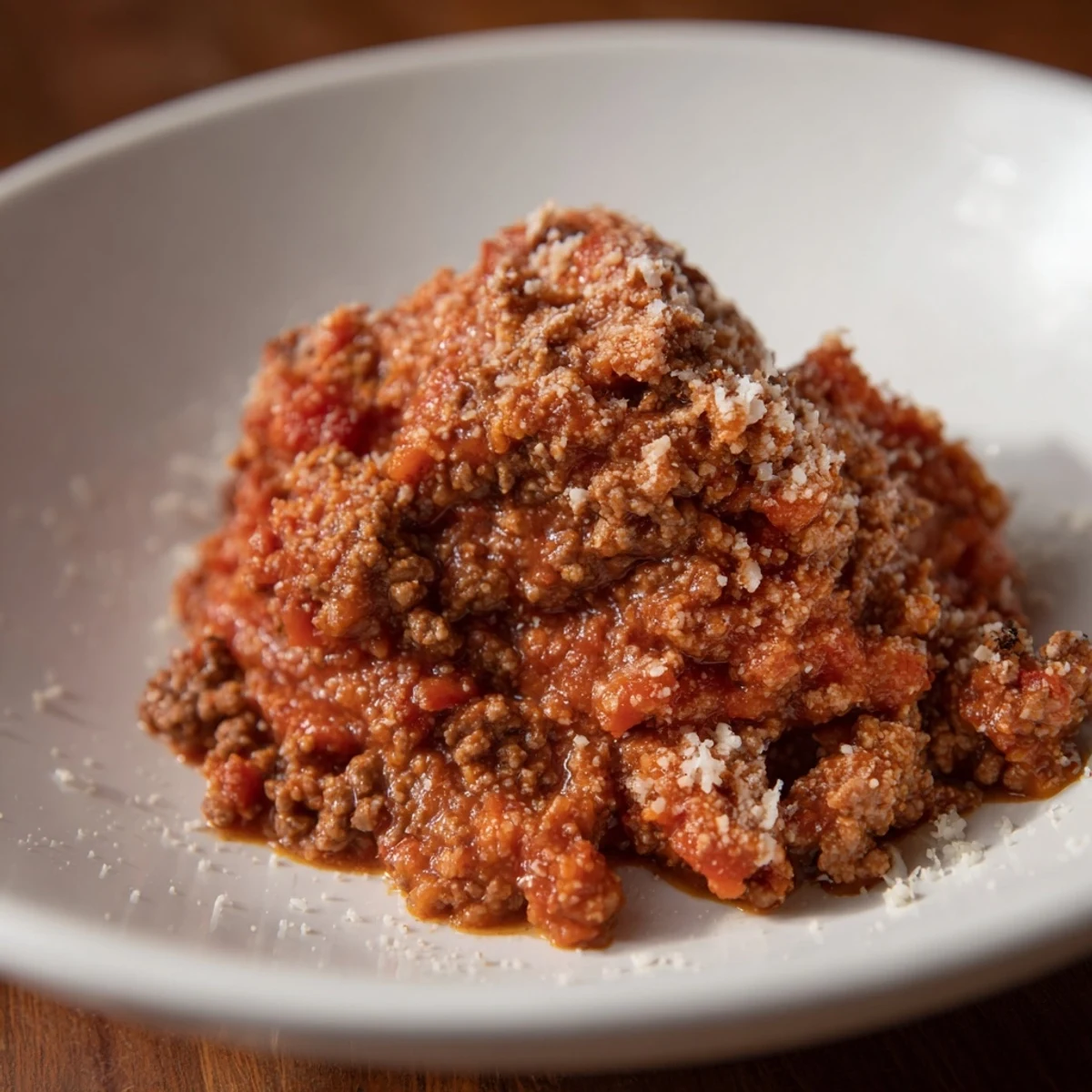 Classic Tuscan Ragu simmering slowly, a deep red meaty sauce ready to pour over pasta.