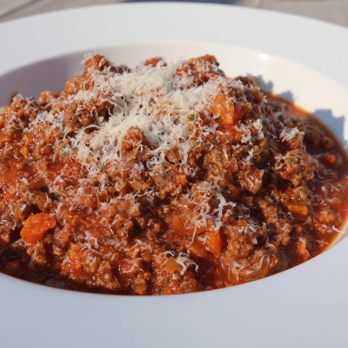 A steaming bowl of Classic Tuscan Ragu, rich with beef and pork, perfect for dinner.