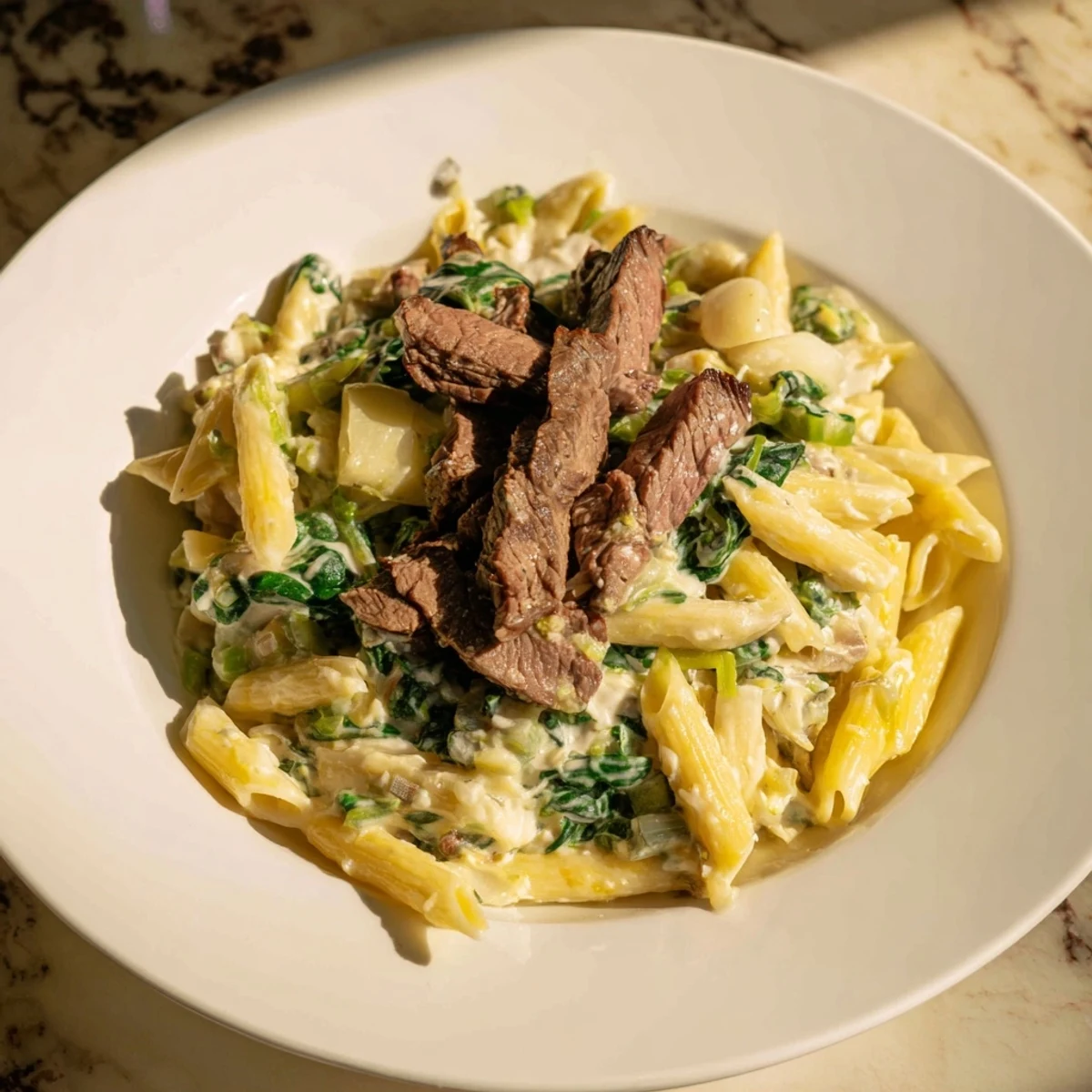 A close-up of creamy, cheesy Steak & Spinach Artichoke Pasta Bake, loaded with tender steak and spinach.