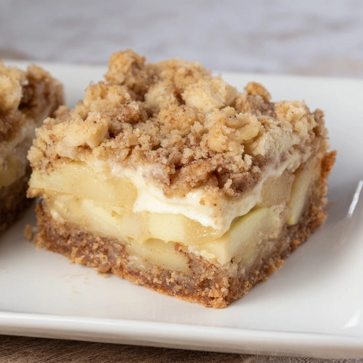 A close-up of freshly baked Apple Crisp Cheesecake Bars, showing layers of apples and a crispy oat topping.