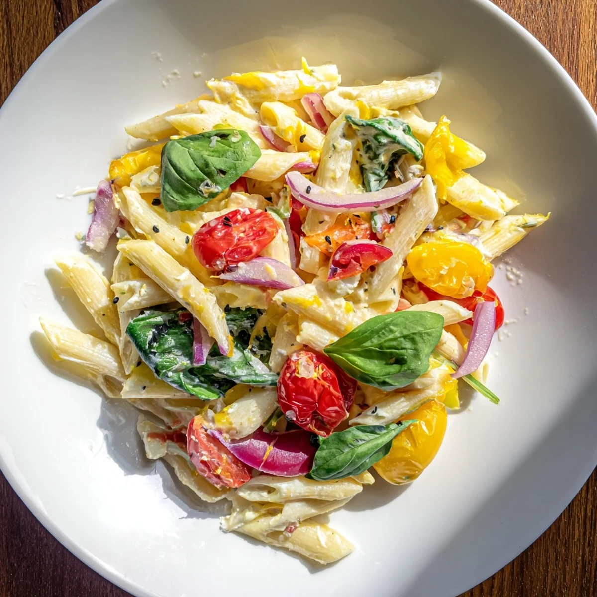 A close-up view of the delicious One-Pan Baked Feta Christmas Pasta, brimming with holiday flavors.