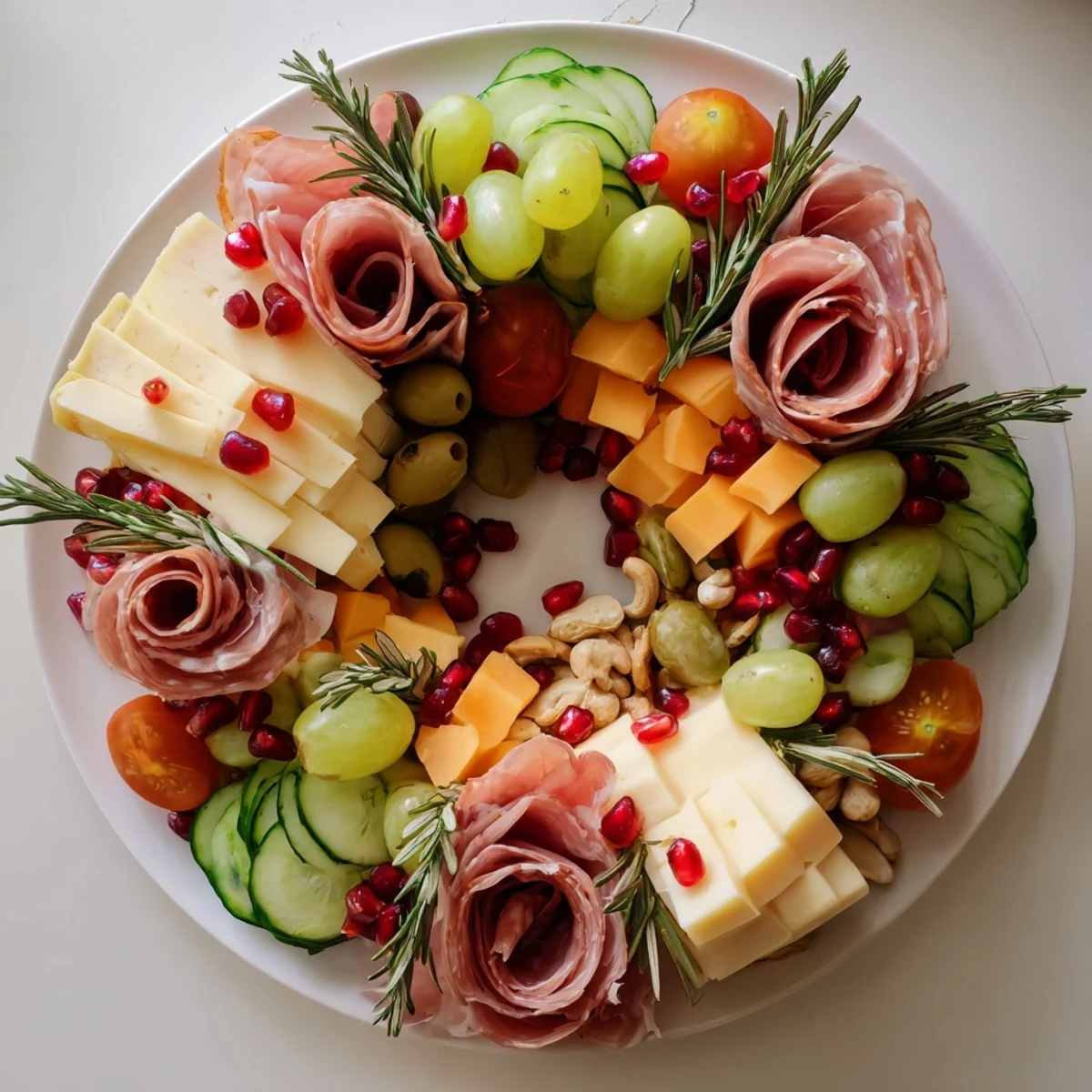 This Quick Christmas Charcuterie Wreath Board offers an array of flavorful cheeses, meats, and fresh garnishes.