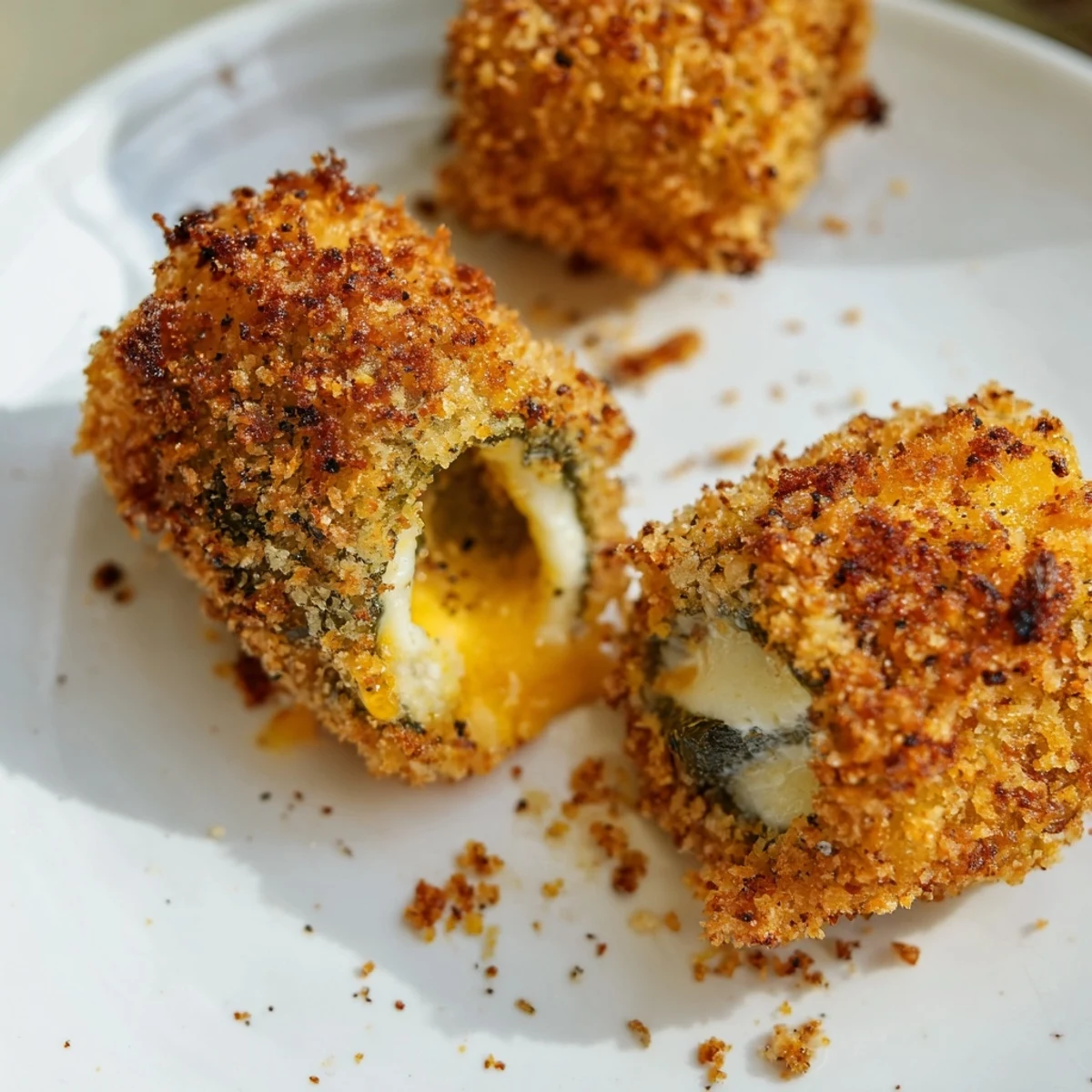 Golden-brown Crispy Cheese-Wrapped Pickle Ornaments, served warm, ready to be dipped, perfect appetizer.