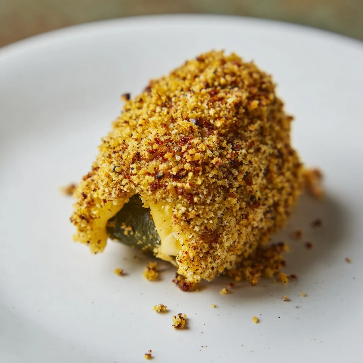 Close-up of freshly fried Crispy Cheese-Wrapped Pickle Ornaments, with melted cheese and crispy texture.