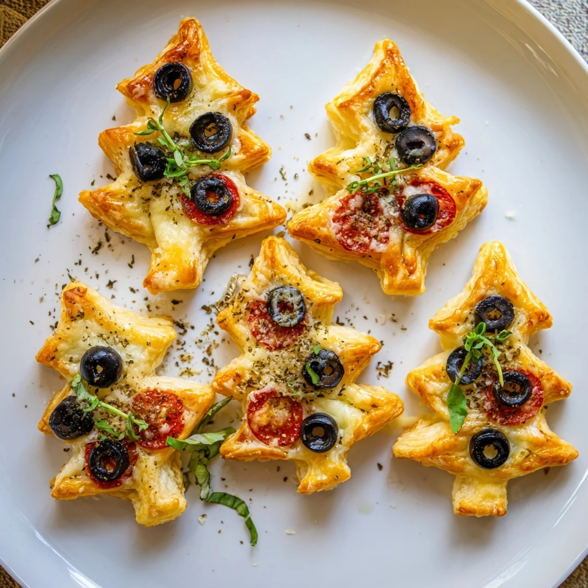 Imagine warm, cheesy puff pastry Christmas tree pizza bites, filled with tomato and olive "ornaments."