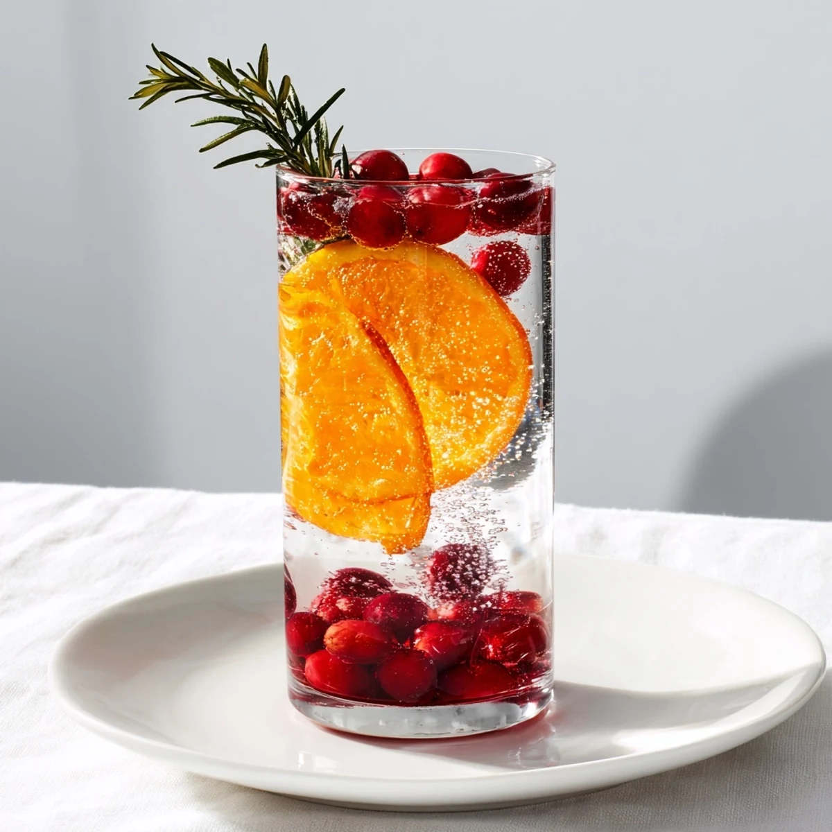 Festive snow globe mocktail with vibrant frozen cranberries and citrus, a beautiful holiday beverage.