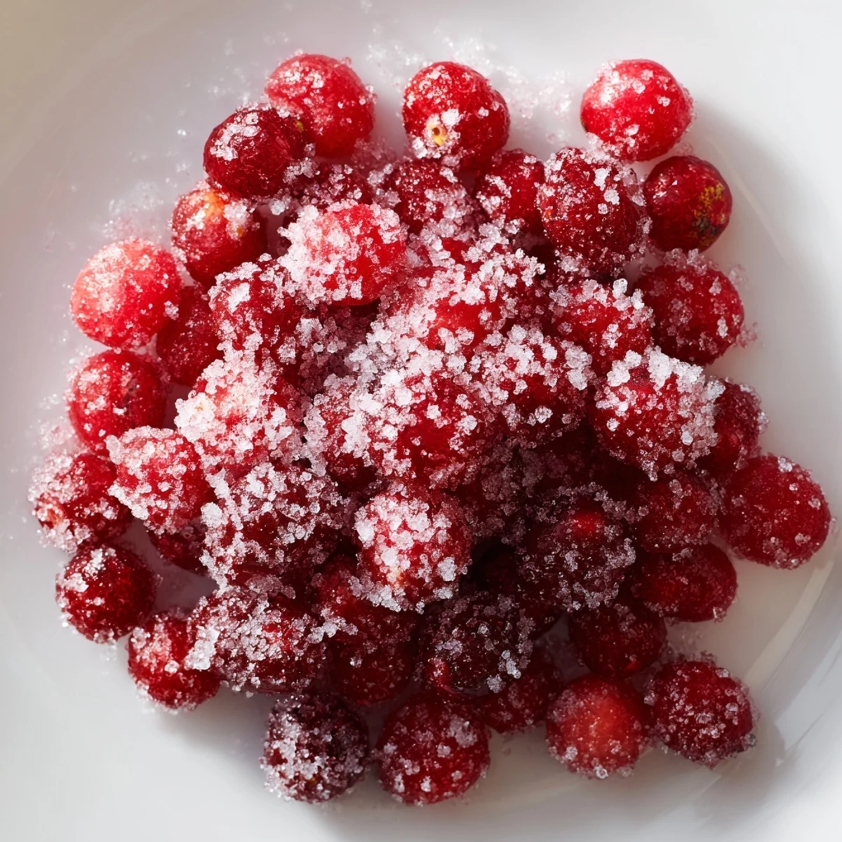 Bright red 5-Minute Express Candied Cranberries glistening with sugar, perfect for a holiday garnish.