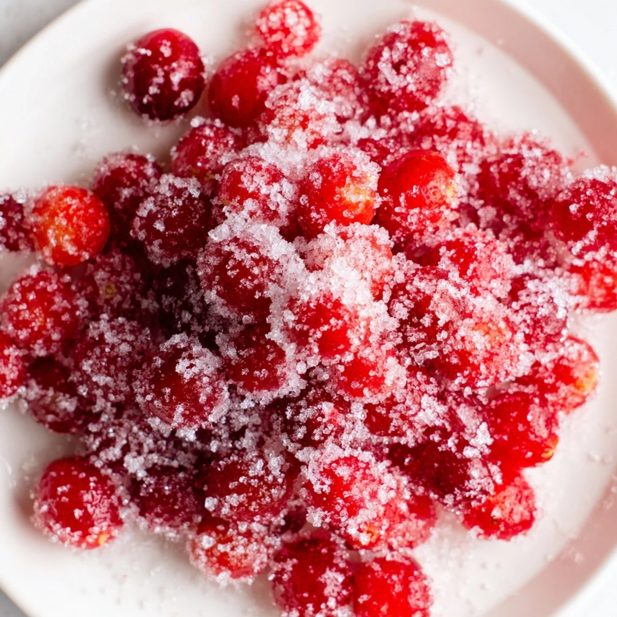 Close-up of sparkling 5-Minute Express Candied Cranberries, coated in sugar, ready for a delicious snack.