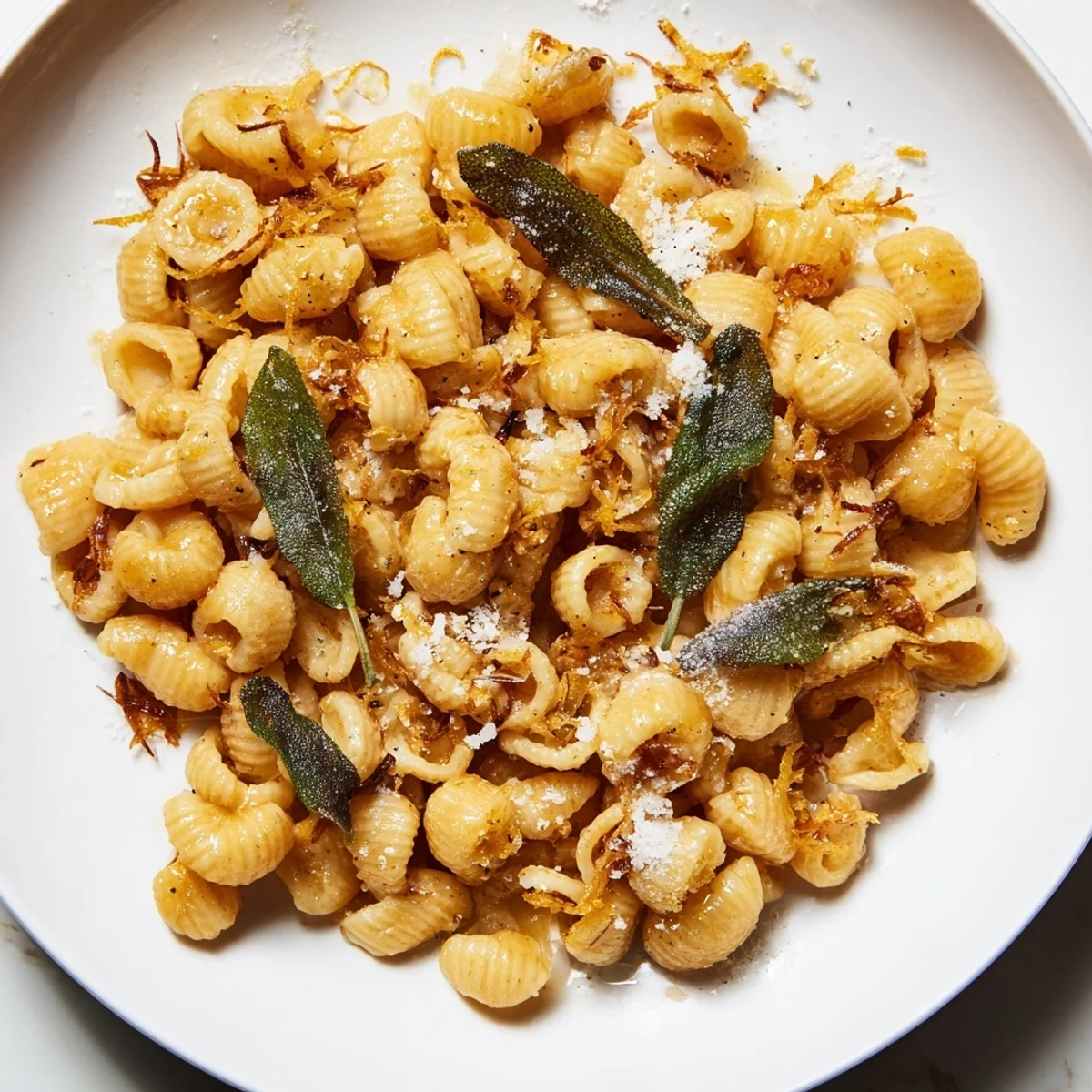 Golden brown butter coats the ditalini pasta, accented by crispy sage in this simple dish.