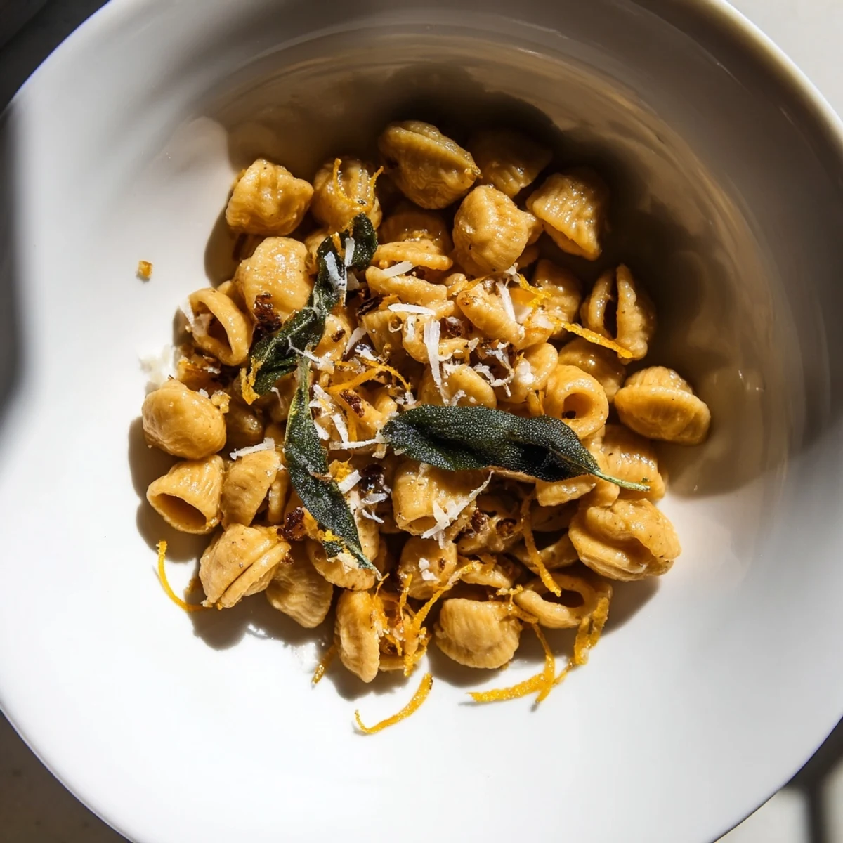 Close-up of savory Brown Butter & Sage Ditalini, textured pasta with flavors of sage and garlic.