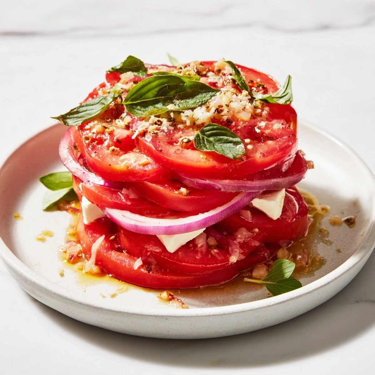 Golden and bubbly Speedy Feta-Free Tomato Bake, fresh from the oven, ready to serve with basil.