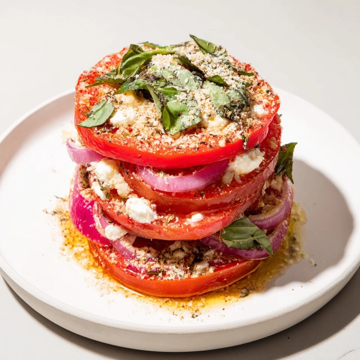 Easy weeknight meal: a close-up of the flavorful Speedy Feta-Free Tomato Bake with melted mozzarella.