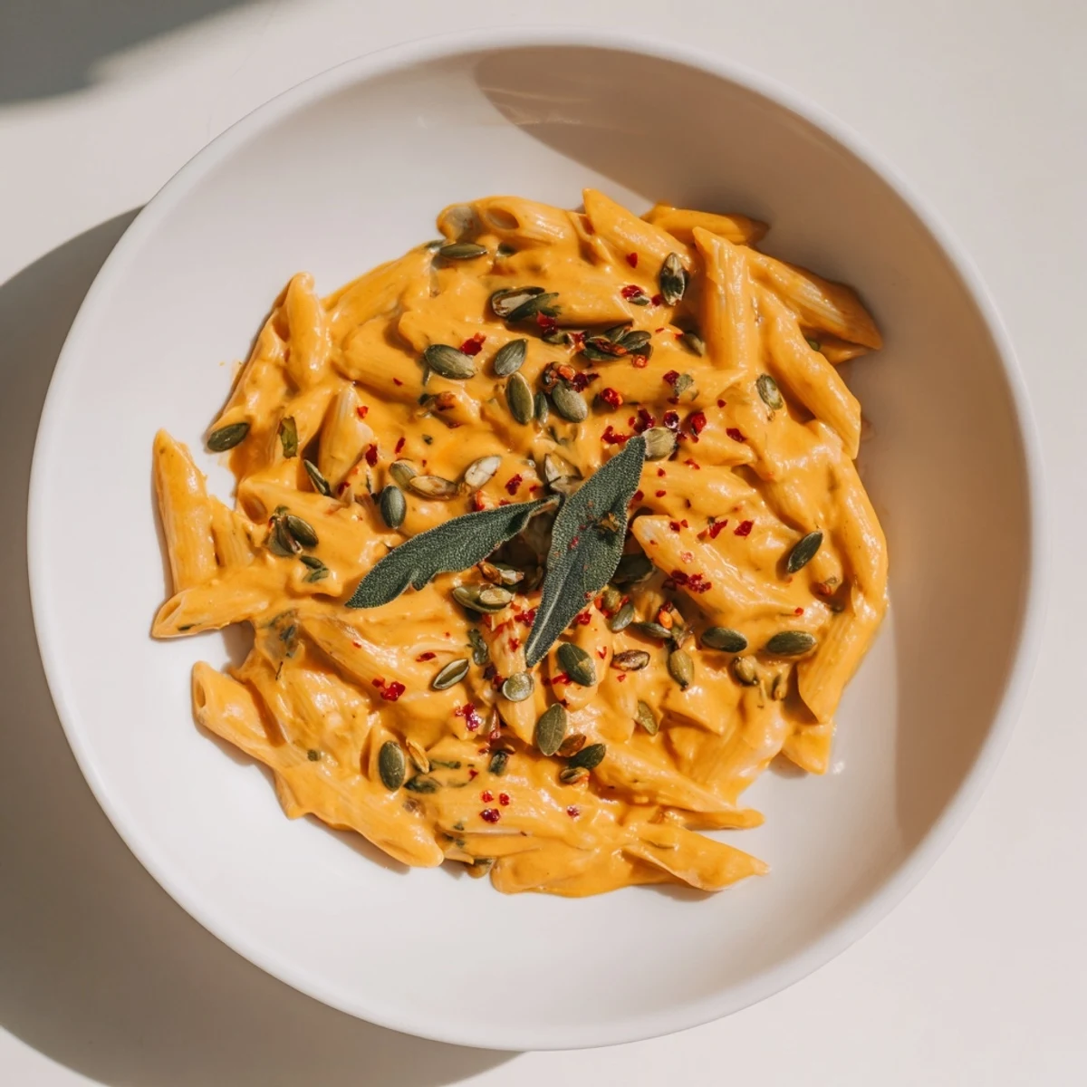 Vegan Creamy Pumpkin Pasta: A steaming bowl of pasta with vibrant orange sauce and fresh sage.
