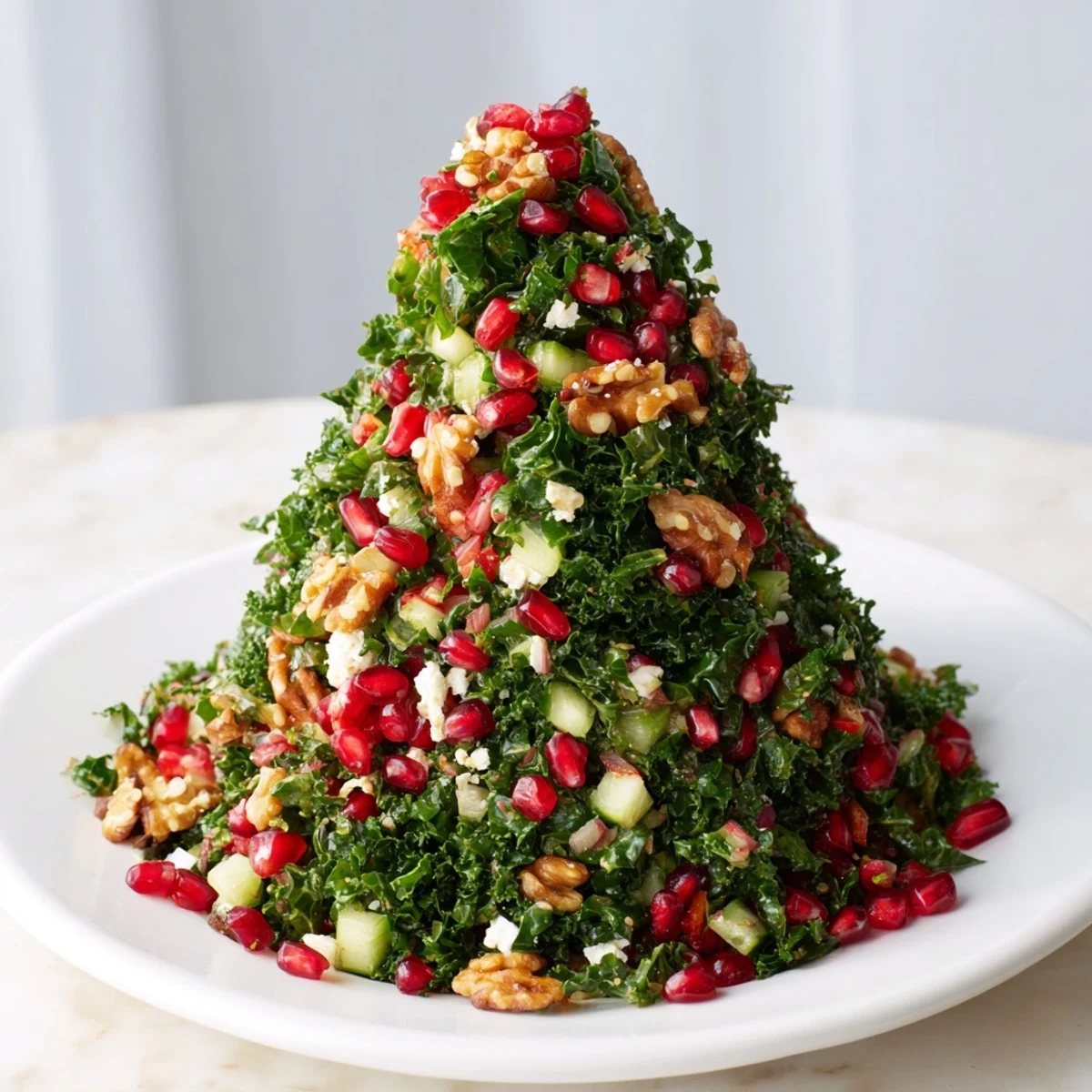 Vibrant Chopped Christmas Tree Salad, a festive vegetarian dish with bright pomegranate seeds.