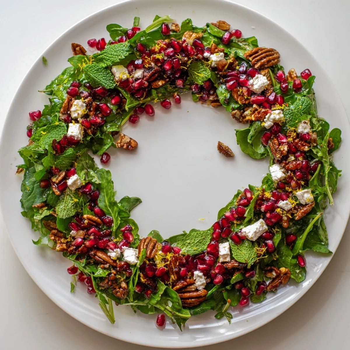 Freshly tossed Pomegranate Feta Wreath Salad, a gorgeous holiday appetizer featuring greens and nuts.
