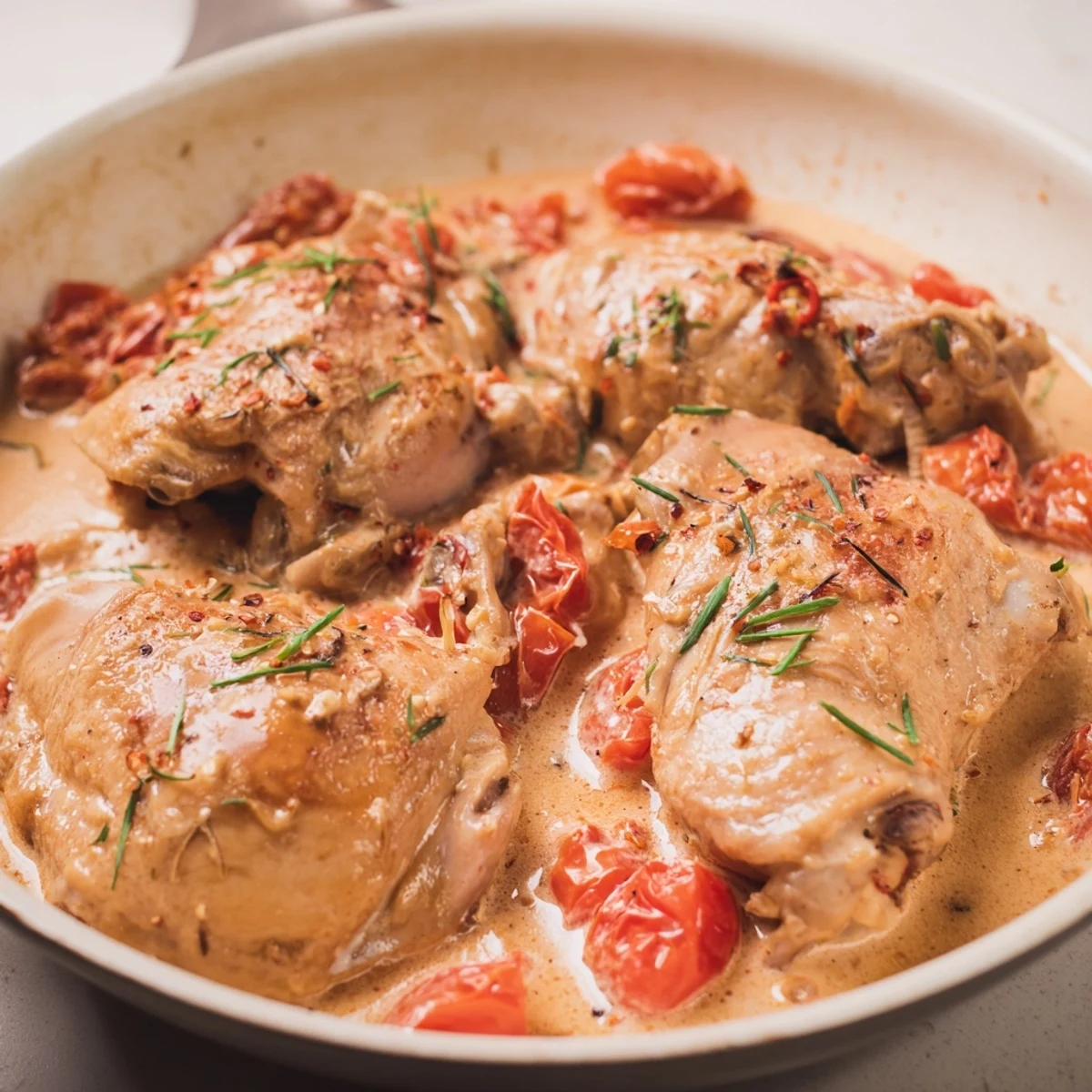 Marry Me Chicken Thighs glistening golden brown, swimming in a rich, creamy sun-dried tomato sauce.