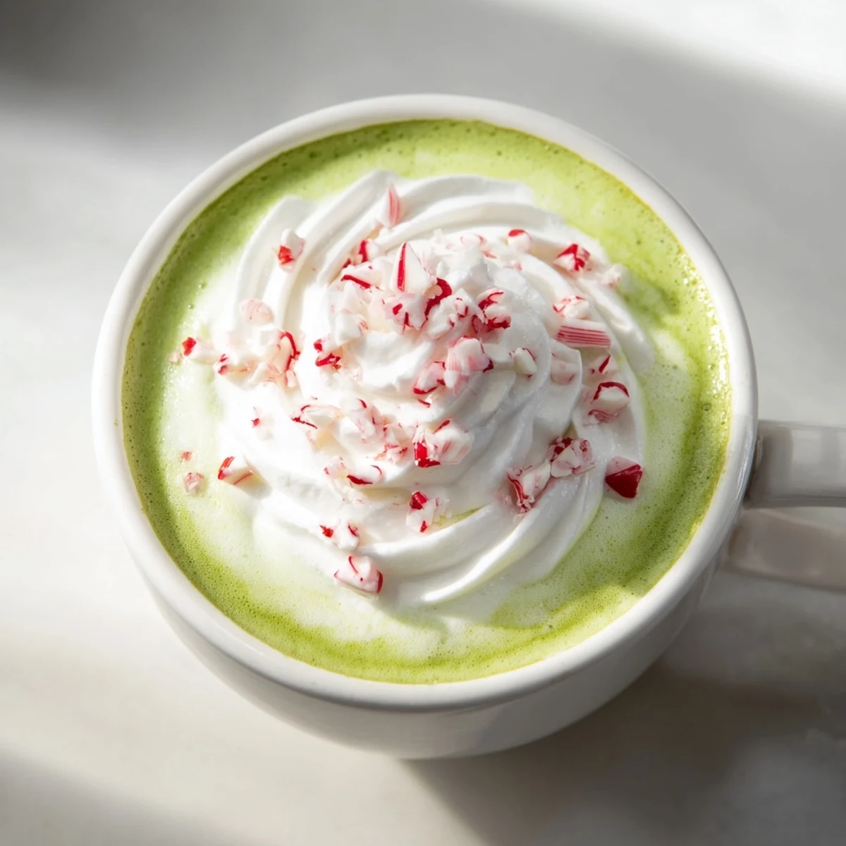 Earthy green matcha contrasts with the peppermint in this festive Cozy Peppermint Matcha Christmas Latte.
