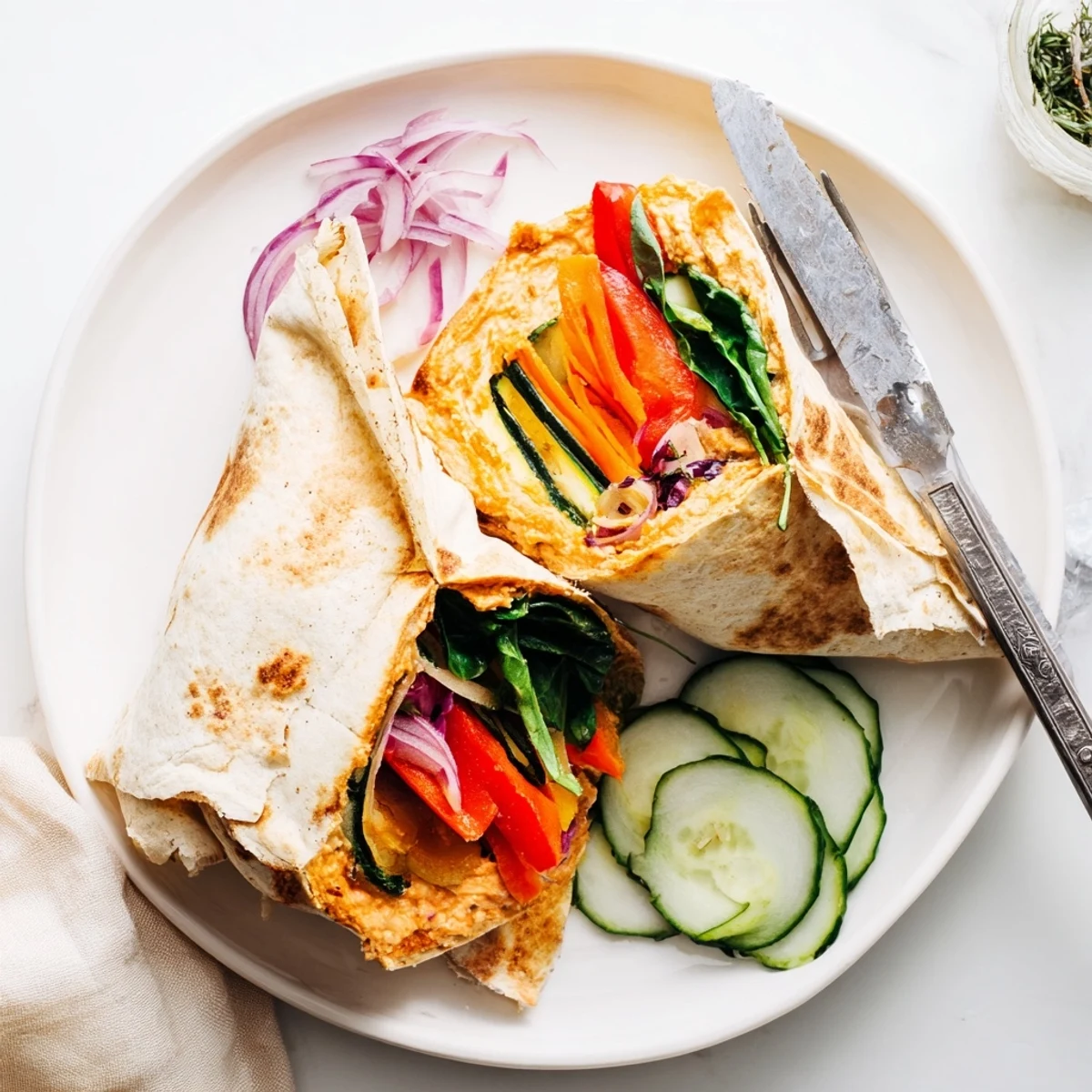 Snowflake Hummus & Roasted Veggie Wrap: a colorful, layered wrap filled with roasted veggies and creamy hummus.