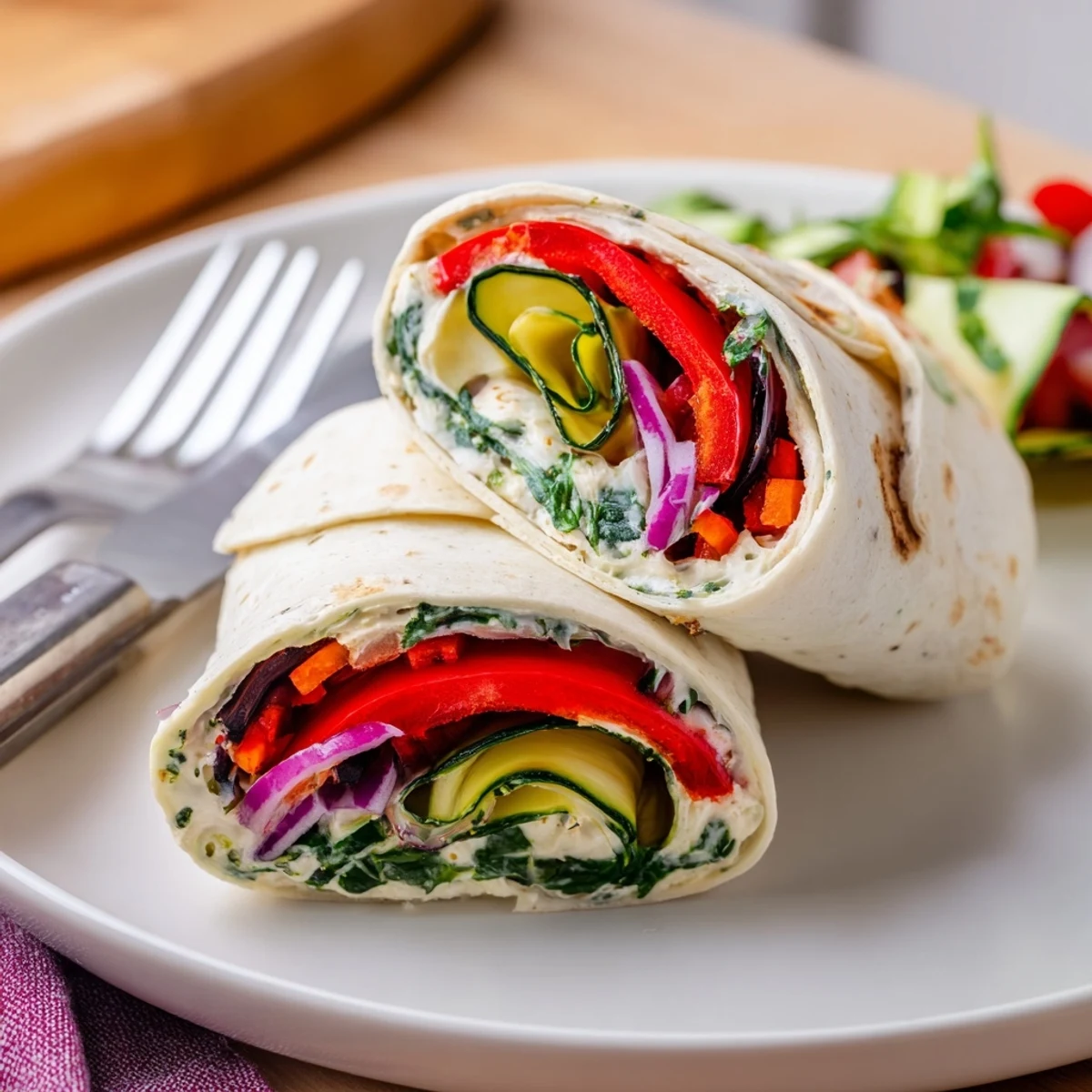Get the ultimate satisfying bite with this delicious Snowflake Hummus & Roasted Veggie Wrap, bursting with fresh flavors.