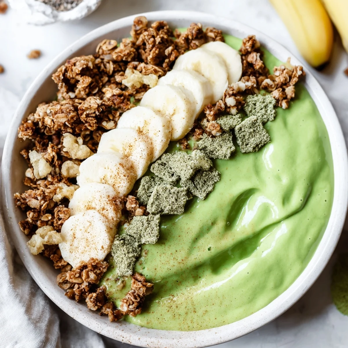A creamy Gingerbread Cookie Matcha Smoothie Bowl topped with vibrant fruit and crunchy granola.