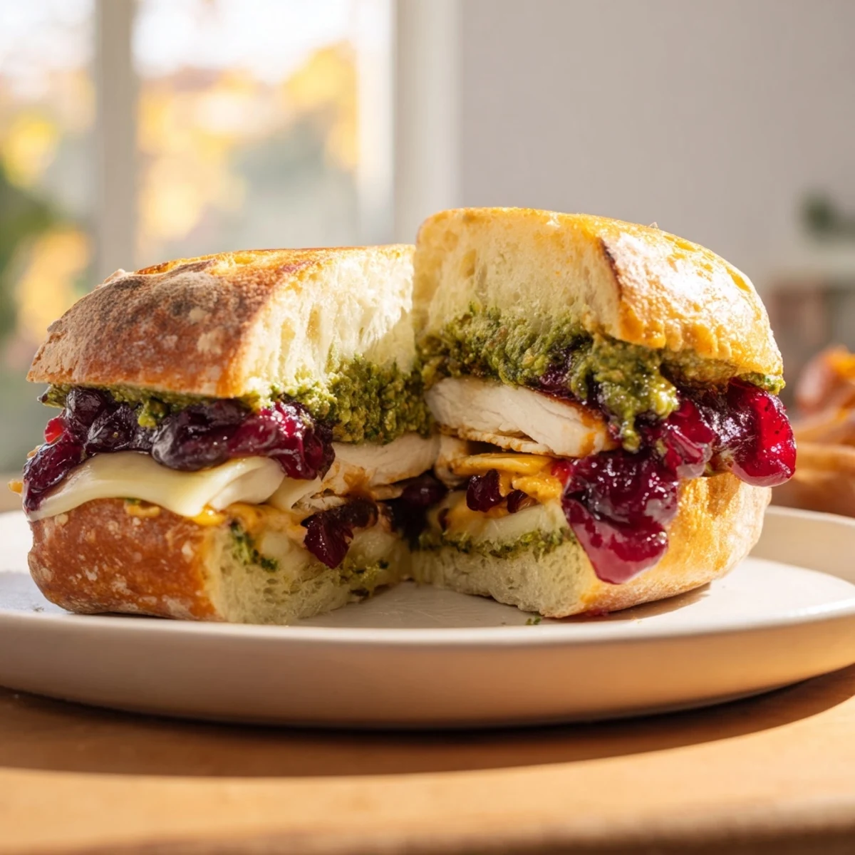 Golden, melted Pesto Cranberry Turkey Grilled Cheese, oozing with cheese and Thanksgiving flavors.