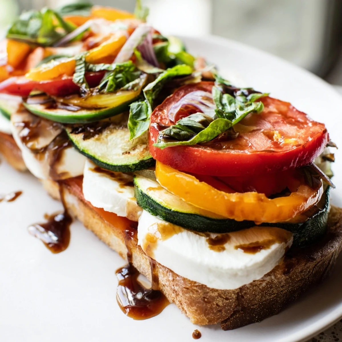 Sheet-pan roasted veggie Caprese grilled cheese with golden, bubbly cheese and vibrant roasted veggies.