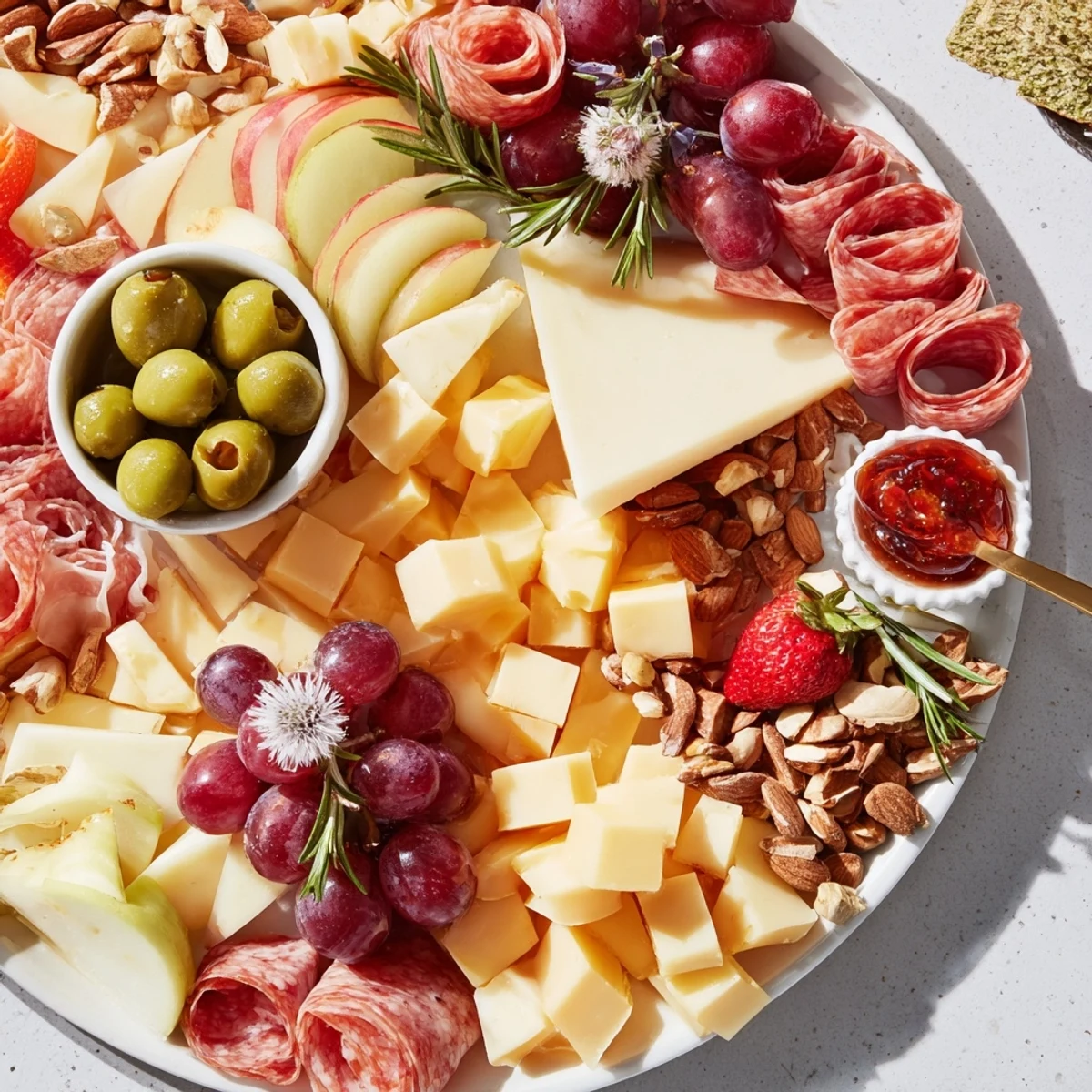 Enjoy a beautifully arranged star-shaped appetizer board brimming with flavorful cheeses and savory meats with crackers.