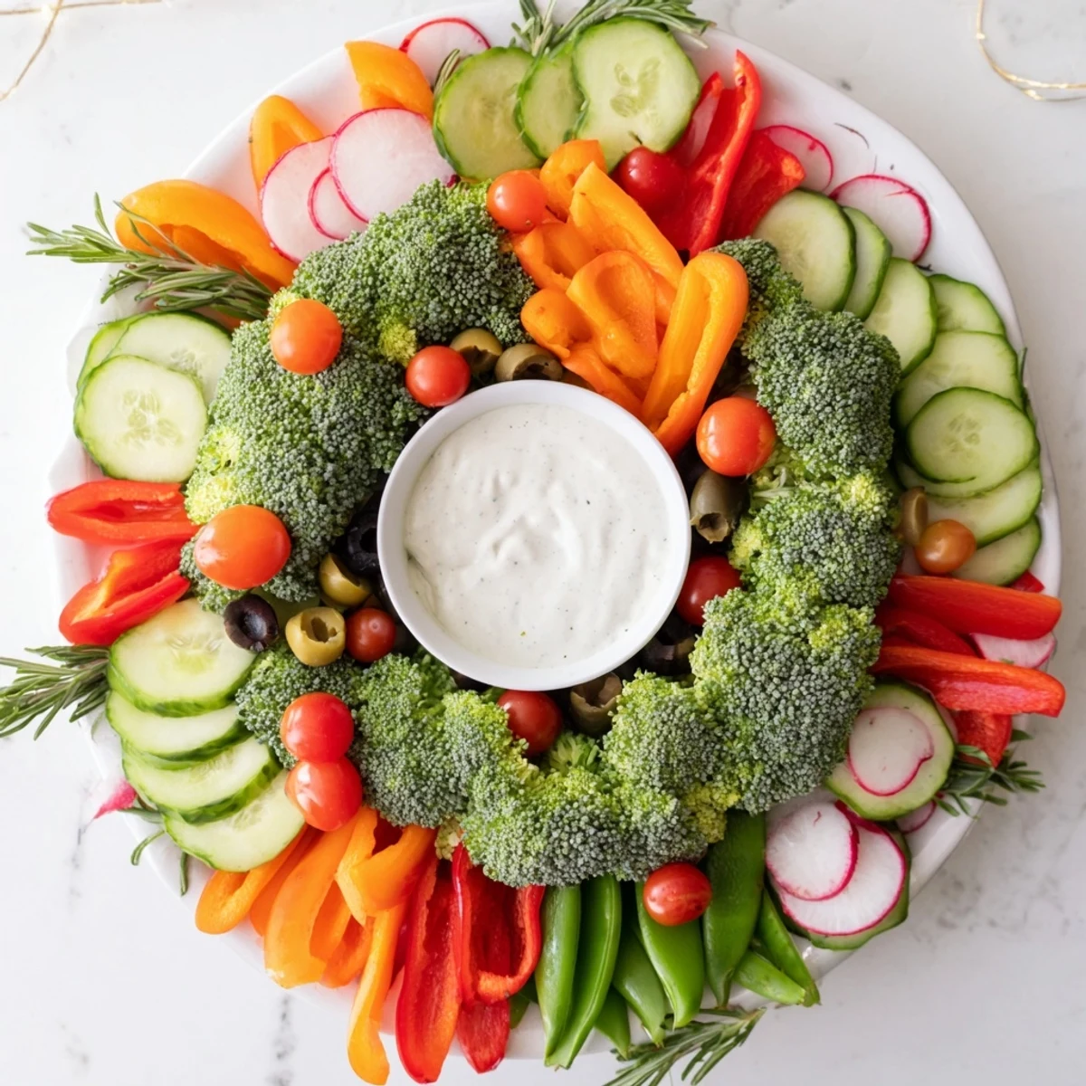 Festive Wreath Veggie Dip Platter: a vibrant appetizer bursting with fresh, colorful vegetables perfect for sharing.