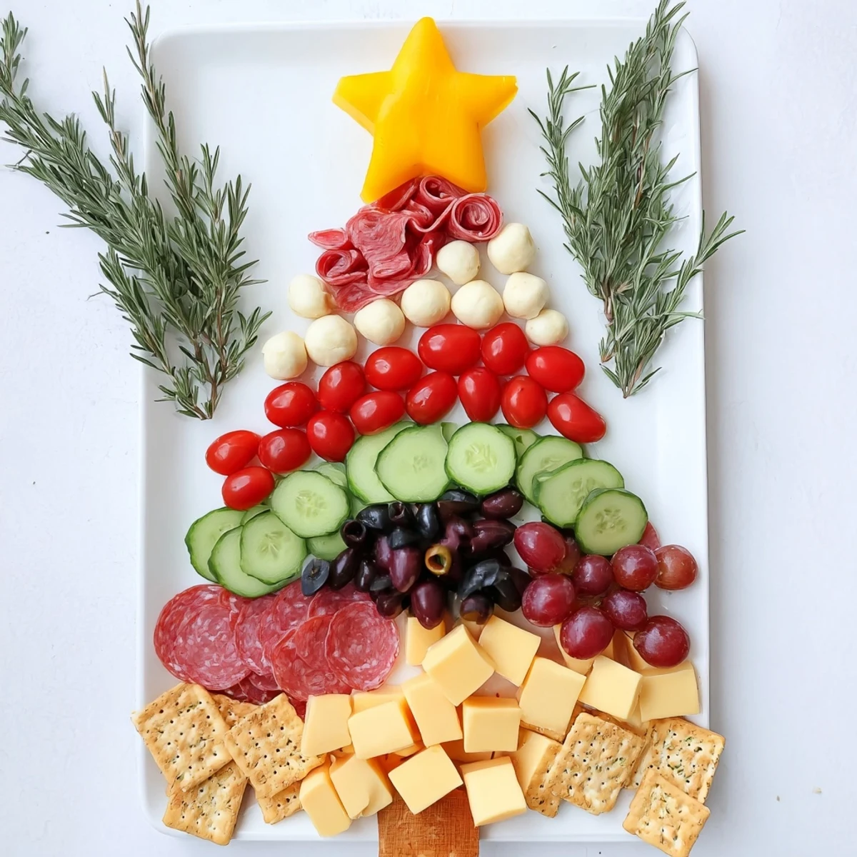 Festive Christmas Tree Snack Board with vibrant fruits, cheeses, meats, and crackers for holiday enjoyment.