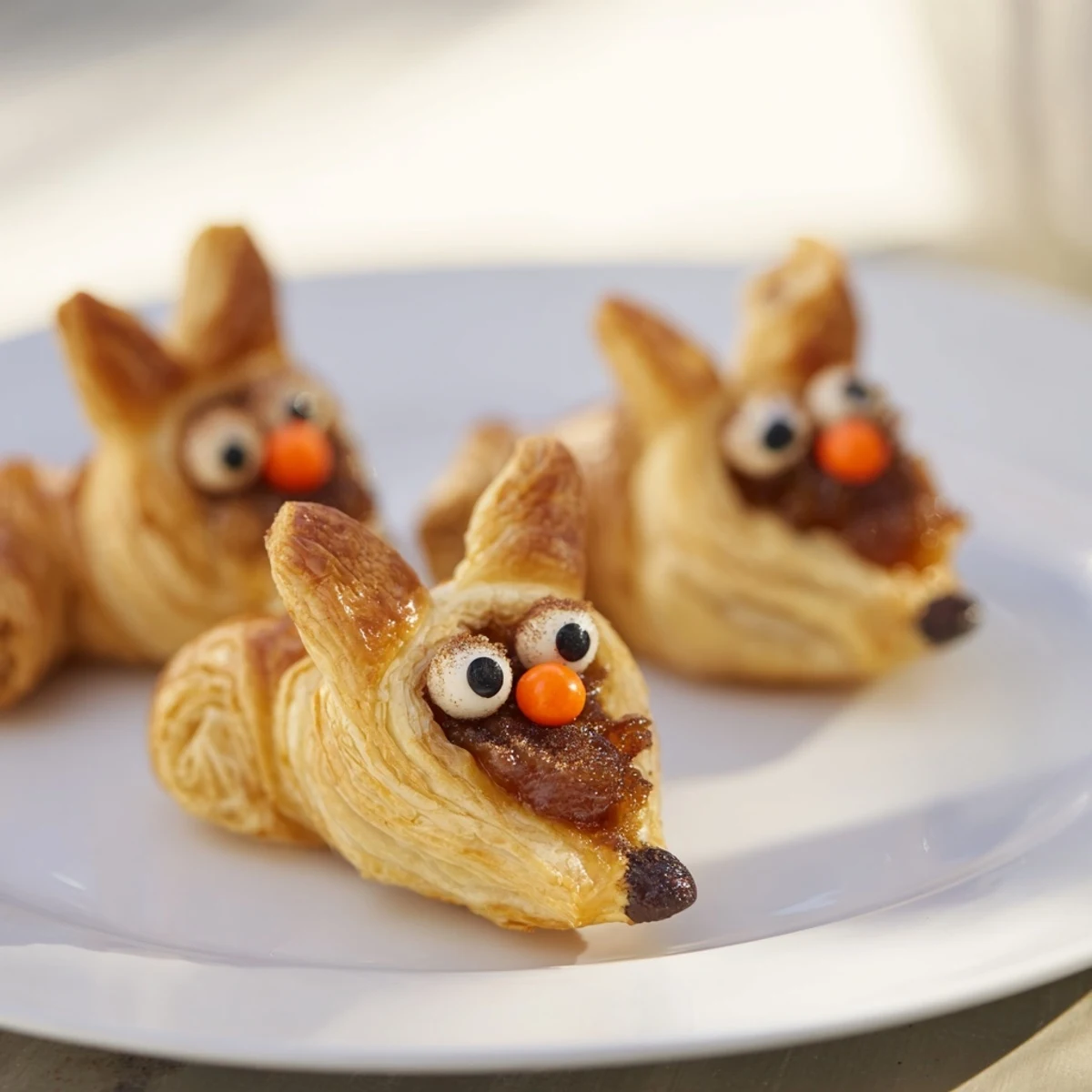 These baked Autumn Harvest Fox-Shaped Bites, with chocolate eyes and candy noses, are cute dessert pastries.