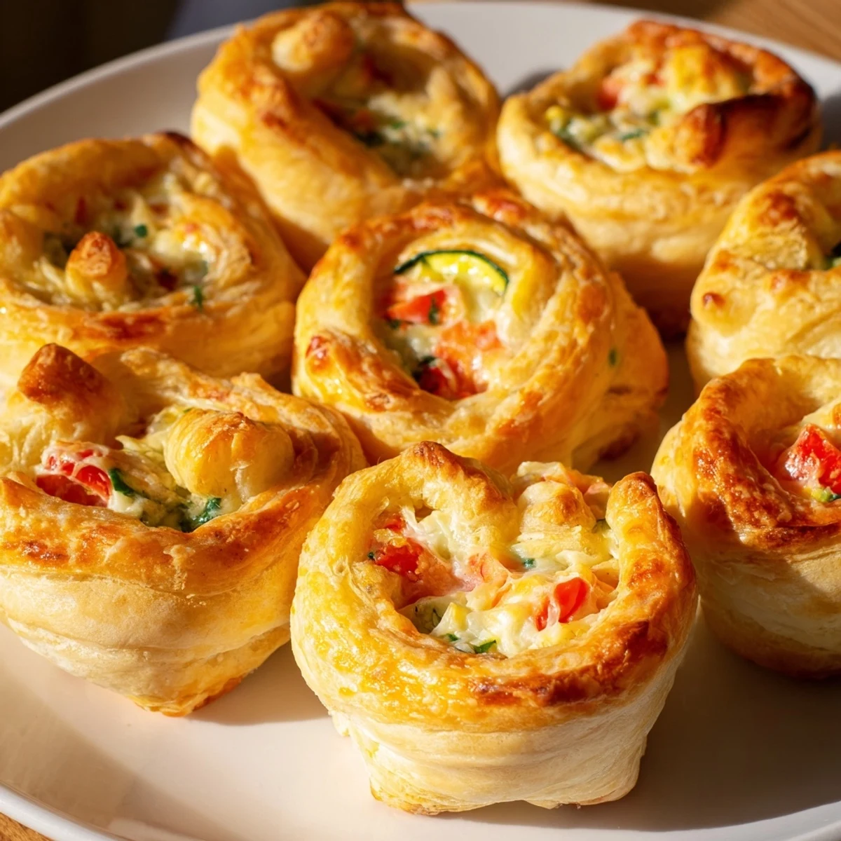 Golden Cercles d'Hôtes Couronne de Rouleaux, a flaky pastry crown filled with savory cheese and vegetables.
