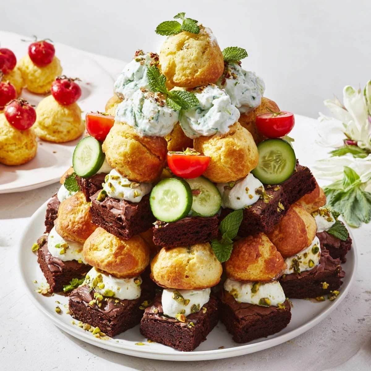 A delightful Tour dÉléphant Goûter Gourmand snack tower with honey drizzle and pistachio garnish.