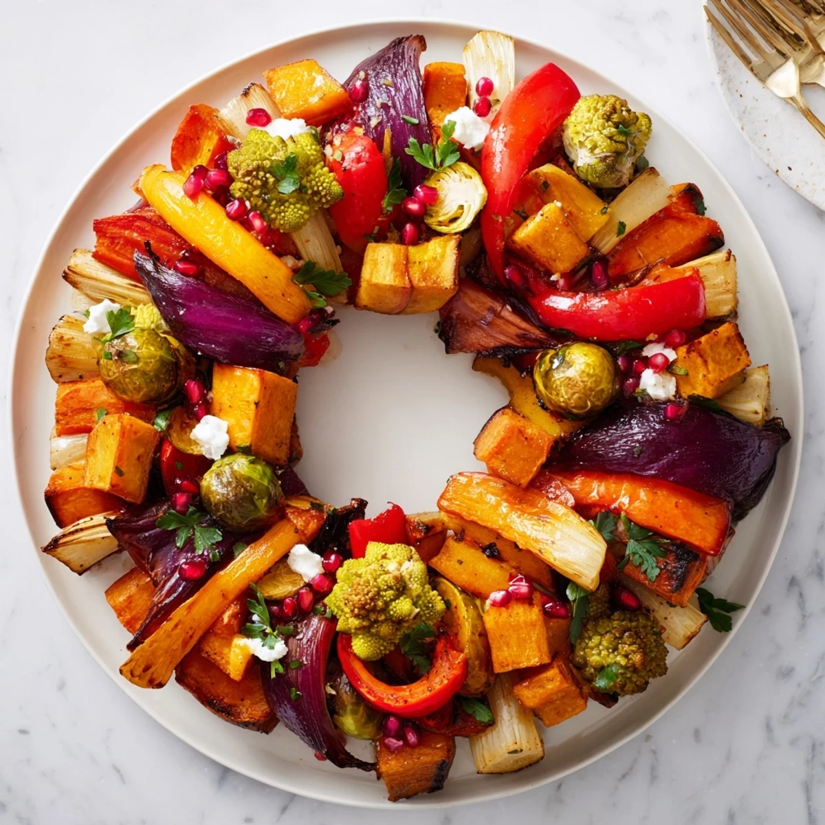 Vibrant Festive Vegetable Christmas Wreath arranged beautifully, showcasing caramelized vegetables ideal for a festive gathering.