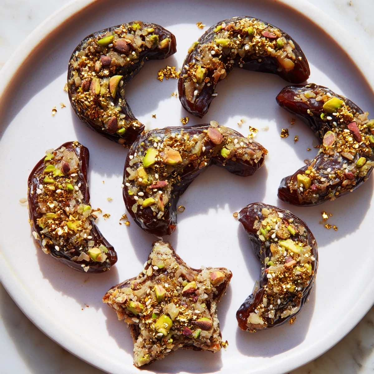 Sweet Lunar and Star Date Platter, glistening with honey, filled with nuts, perfect for dessert.