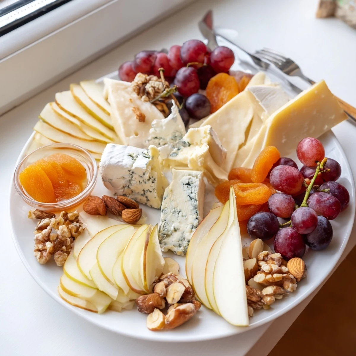 Beautiful cheese platter featuring Brie de Meaux, grapes, and nuts; a gorgeous Cheese Platter Cœur Passion for sharing.