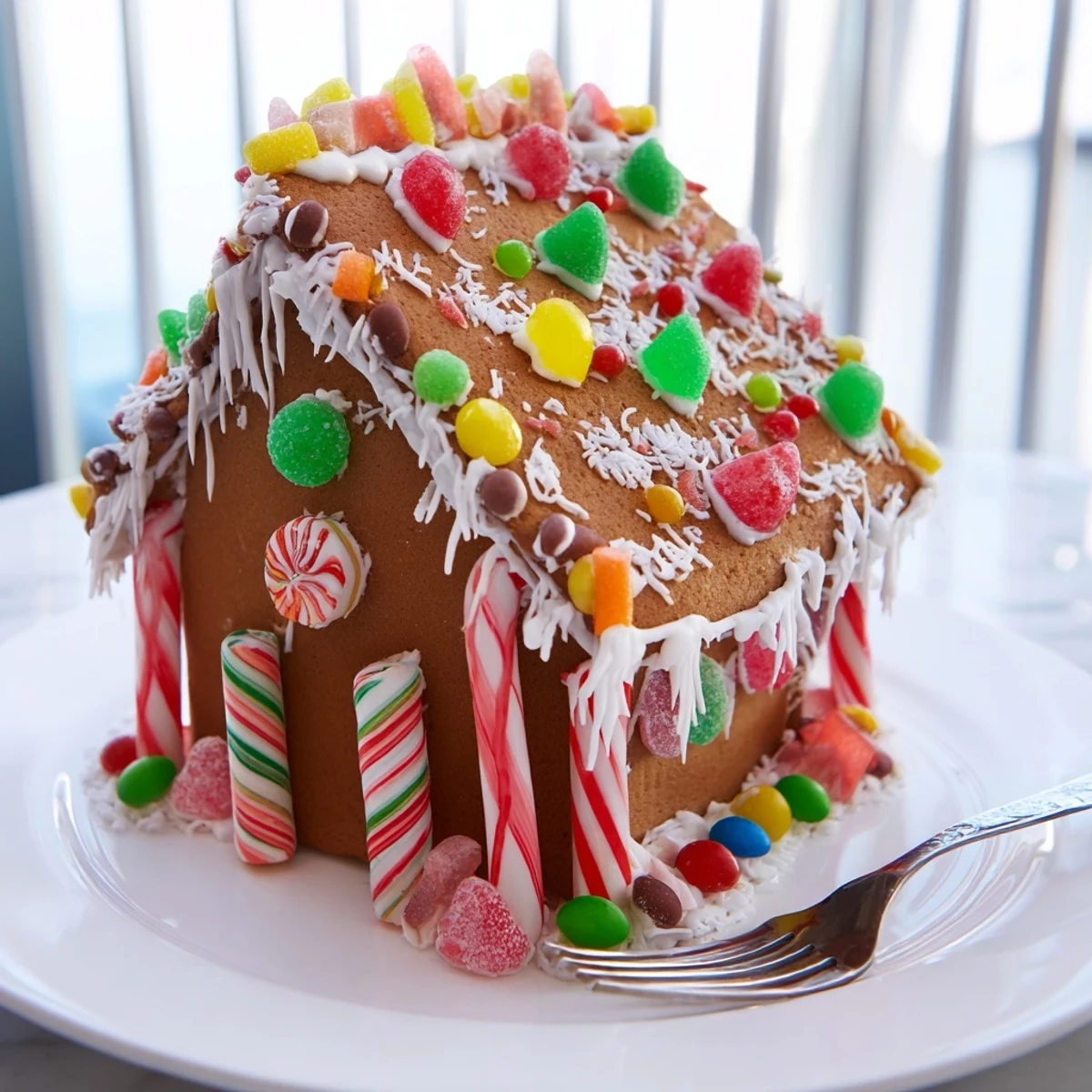 A handcrafted gingerbread house gleams with colorful candies and glistening royal icing decorations, ready to enjoy.