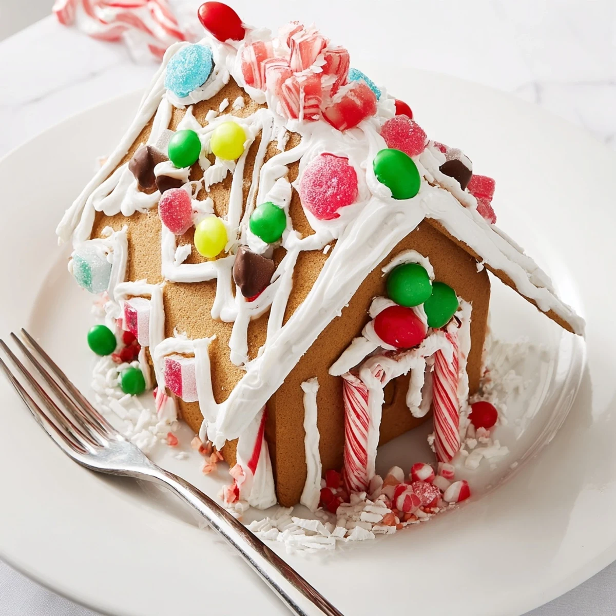 This delightful photo shows a beautifully decorated gingerbread house, a holiday baking project come to life.