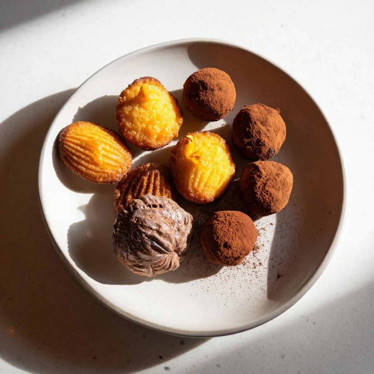 Close-up of golden-brown Almond Financiers and Lemon Madeleines on the Mignardises Bonne Année 2026 plate.
