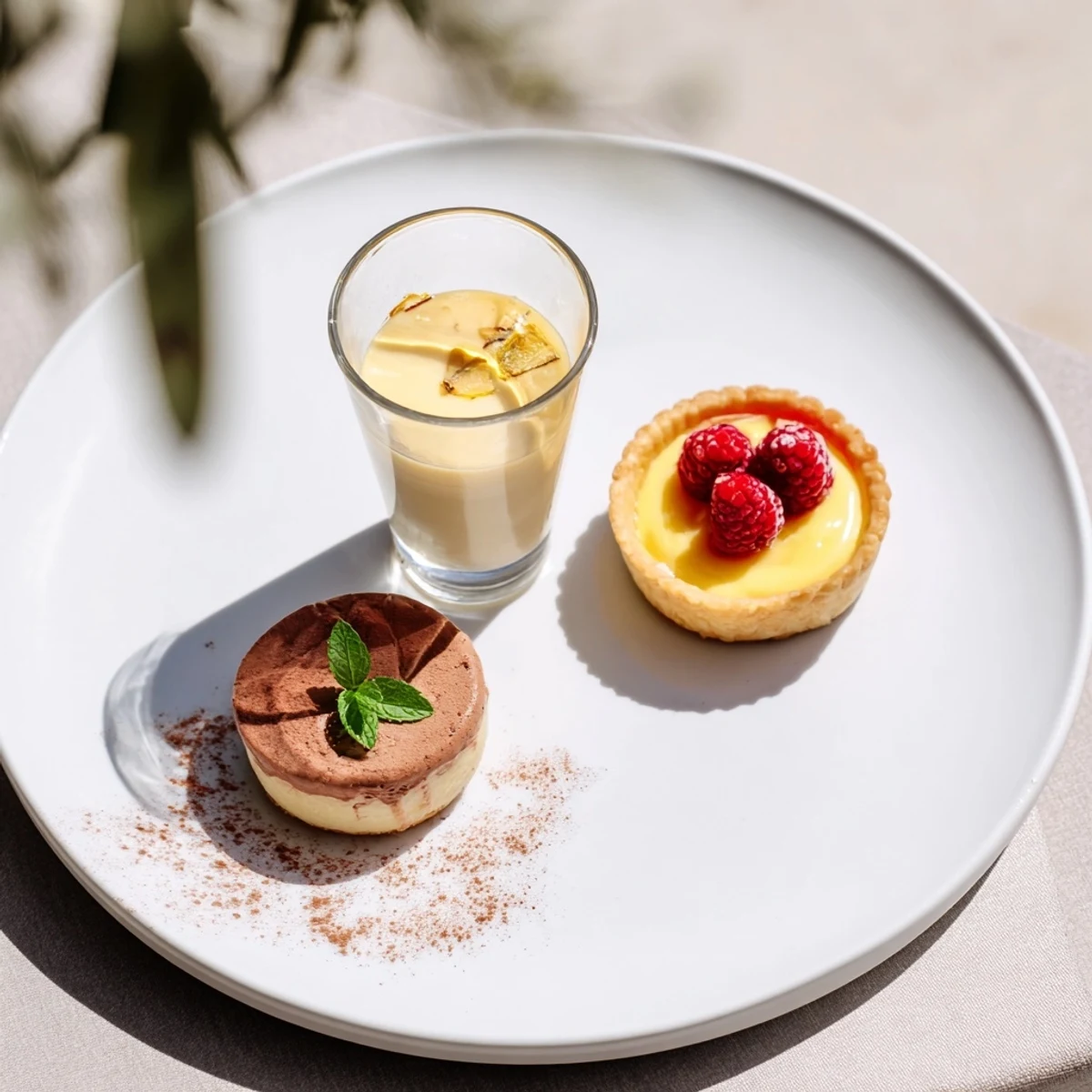 Elegant Assiette de Desserts Starry Delight showcasing a chocolate mousse, lemon tartlet, and raspberry financier dessert.