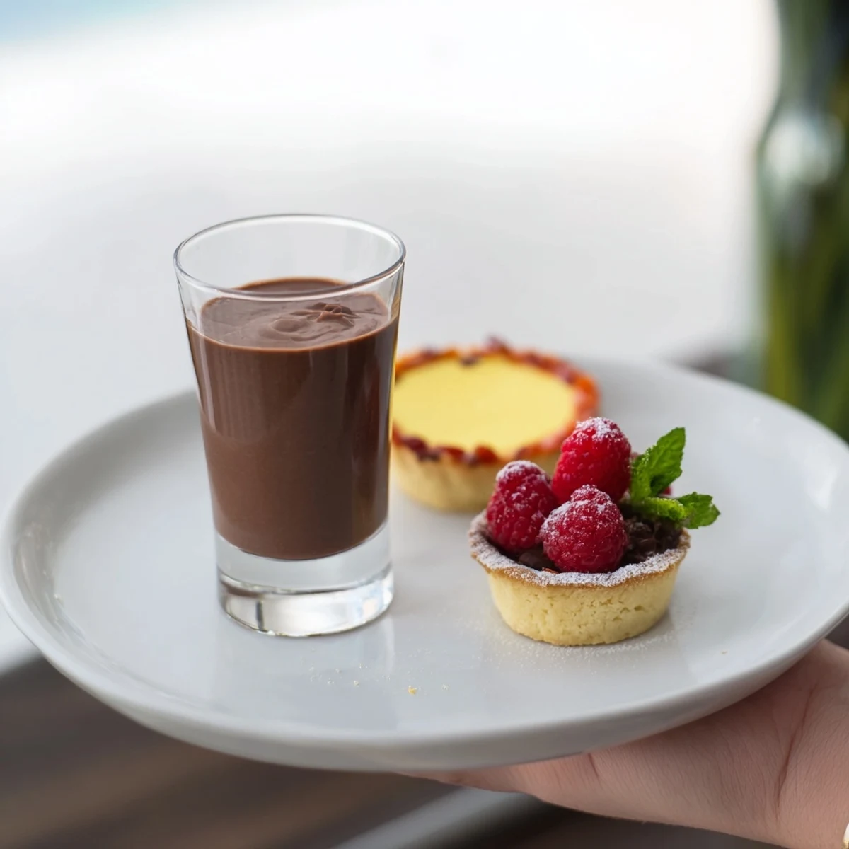 Miniature delights of the Assiette de Desserts Starry Delight are plated with fresh berries for a sparkling presentation.