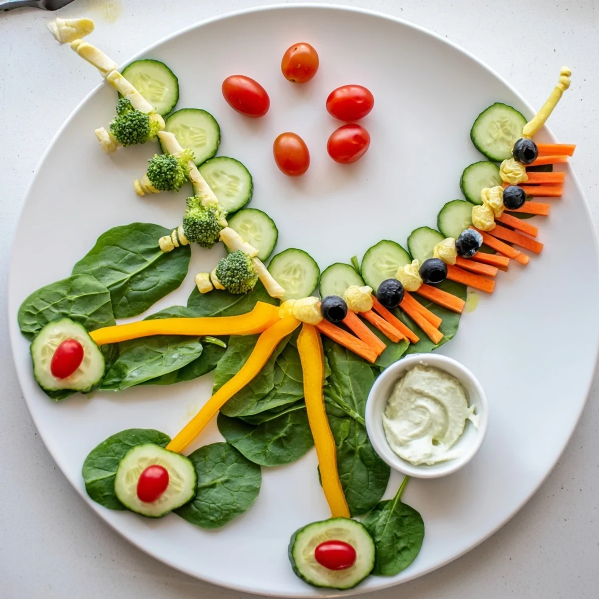 Healthy T-Rex Fossil Crudités platter served with Greek yogurt dip, offering a playful, delicious veggie experience.