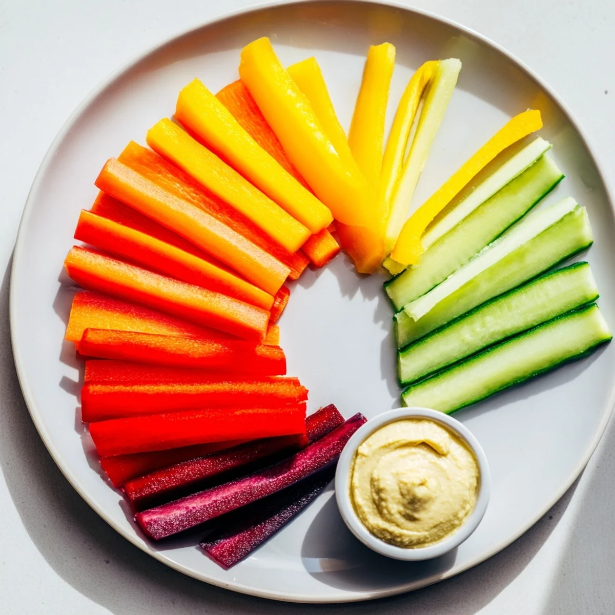 Freshly cut Rainbow Arch Veggie Sticks, a vibrant snack with bell peppers and cucumber, ideal for munching.